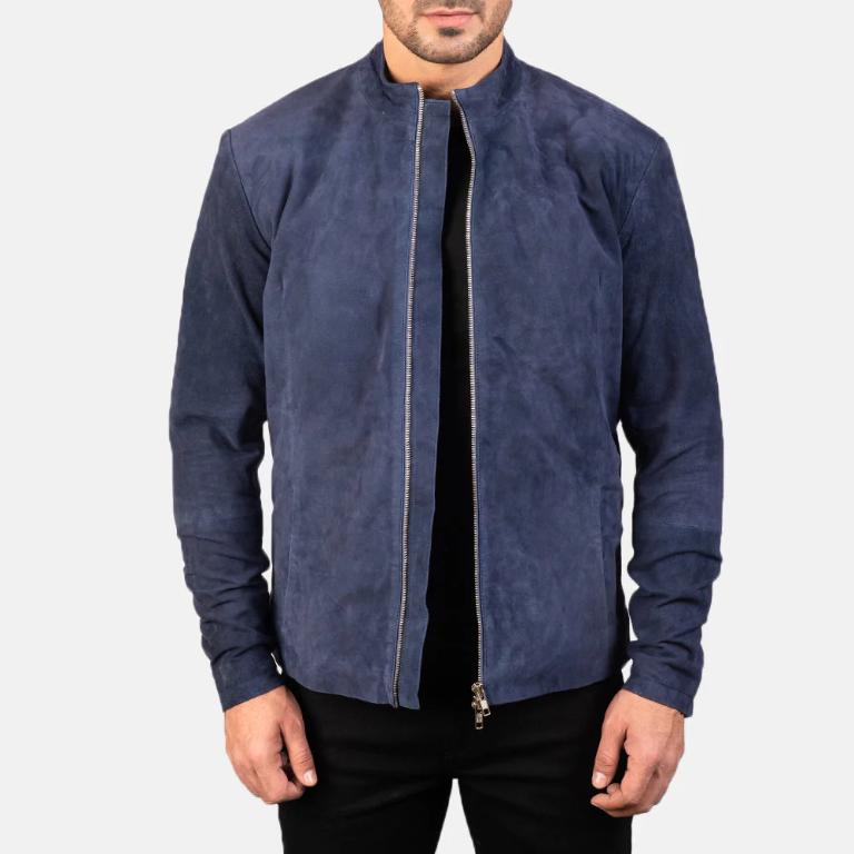 Men’s Charcoal Navy Blue Suede Leather Jacket – Premium Handmade Outerwear