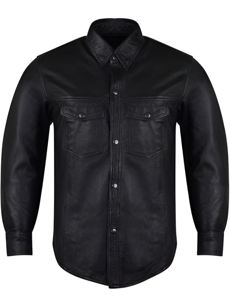 Men’s Concealed Carry Black Premium Cowhide Leather Biker Motorcycle Shirt