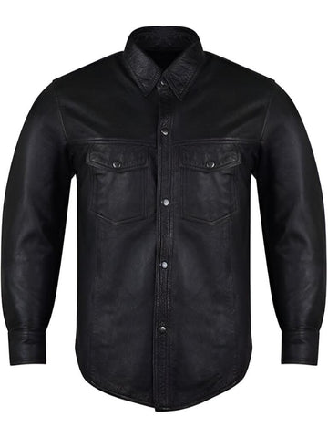 Men’s Concealed Carry Black Premium Cowhide Leather Biker Motorcycle Shirt