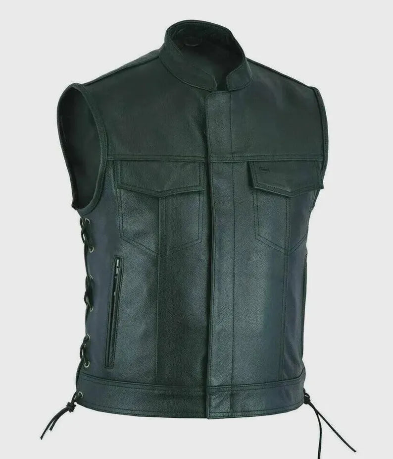 Men’s Blue Cowhide Leather Motorcycle Vest – Side Laced Biker Waistcoat