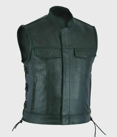 Men’s Blue Cowhide Leather Motorcycle Vest – Side Laced Biker Waistcoat