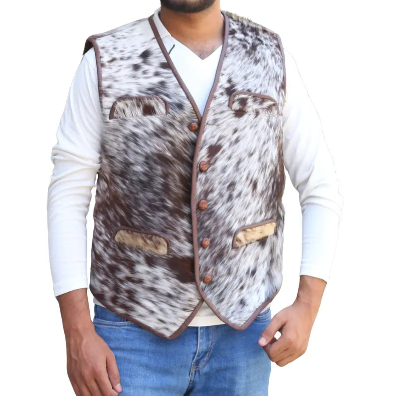 Men’s Cowhide Leather Vest – Handmade Brown White Hair-On Hide Western Style