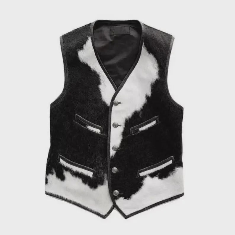 Men’s Hair-On Cowhide Leather Vest – Handmade Western Cowboy Waistcoat