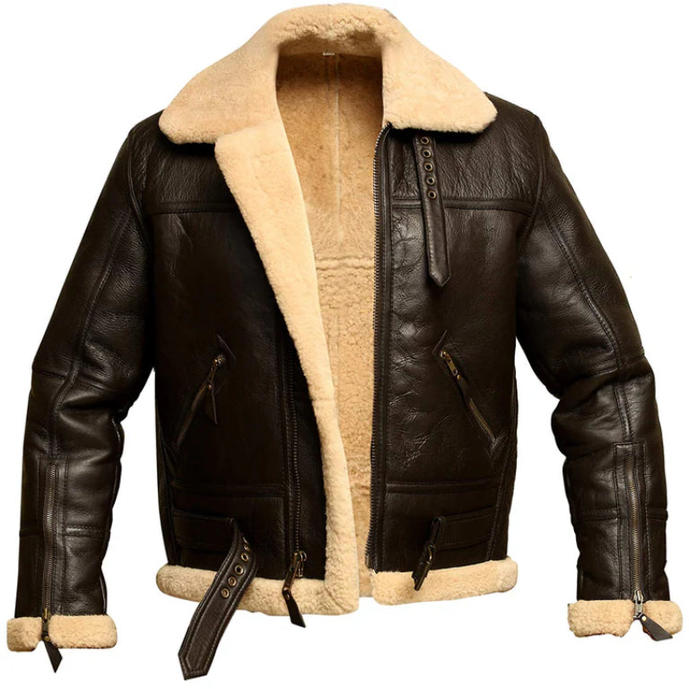 Men’s Dark Brown Leather Shearling Jacket – Fur Lined Aviator Winter Coat