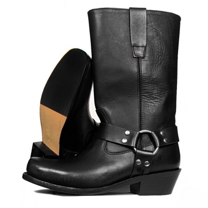 Men’s Distressed Black Suede Harness Biker Boots – Square Toe Moto Engineer