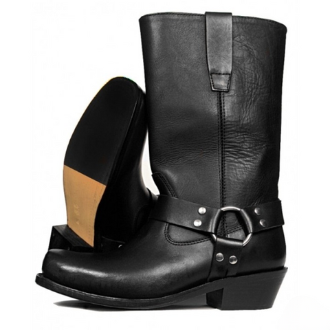 Men’s Distressed Black Suede Harness Biker Boots – Square Toe Moto Engineer