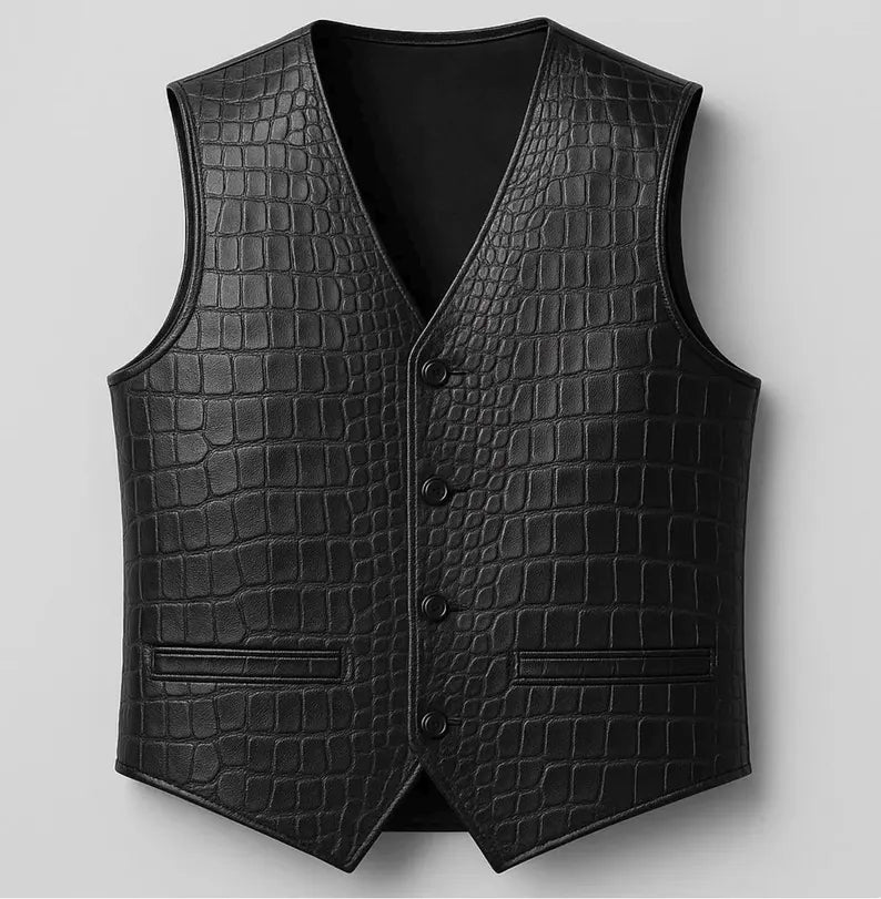 Men’s Genuine Cowhide Leather Motorcycle Vest | Black  Waist coat