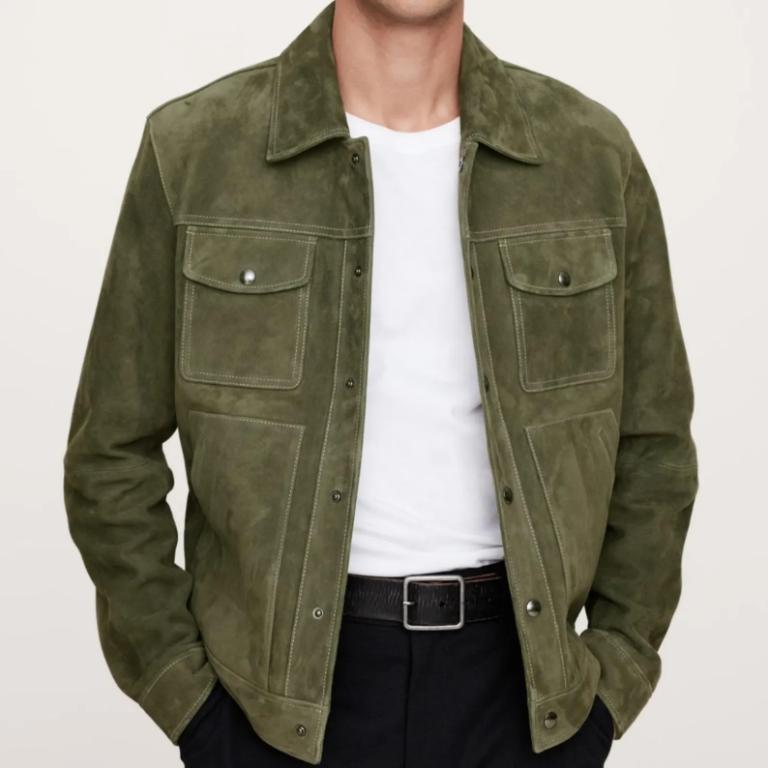 Men’s Genuine Suede Trucker Jacket | Olive Green Classic Fall Outerwear | Soft Real Suede Leather Streetwear Fashion