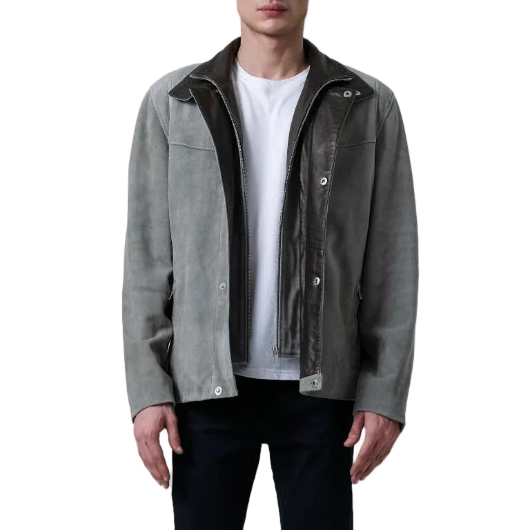 Men’s Grey Suede Leather Jacket – Dual-Layer Genuine Outerwear