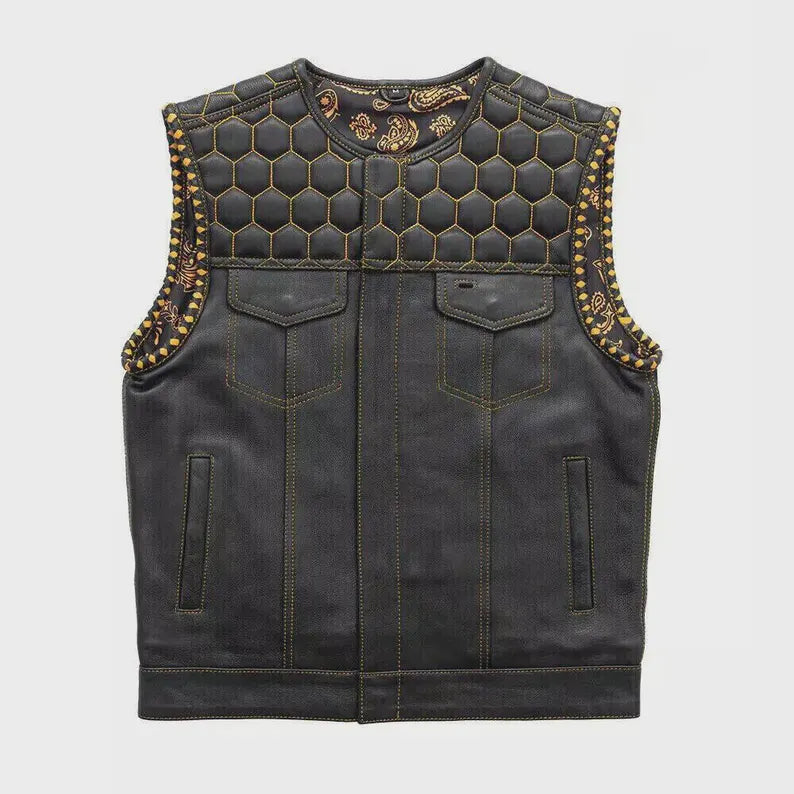 Men’s Handmade Biker Leather Vest – Cowhide Club Style Diamond Quilted
