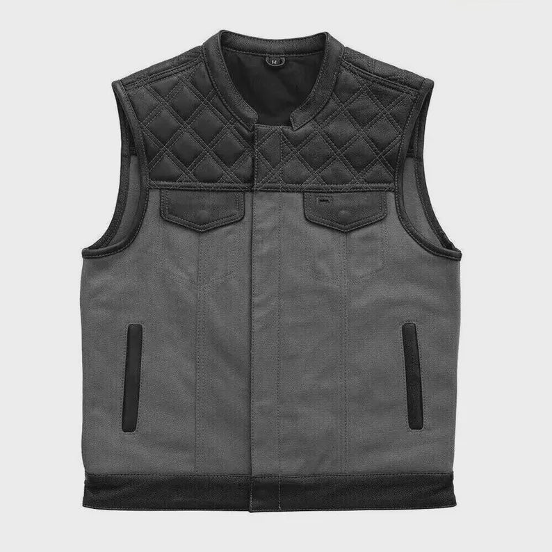 Men’s Handmade Biker Leather Vest Cowhide Club Style Diamond Quilted Shoulders Dual Closure Concealed Pockets