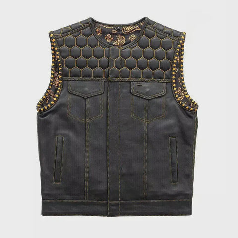 Men’s Handmade Biker Leather Vest – Cowhide Club Style Diamond Quilted
