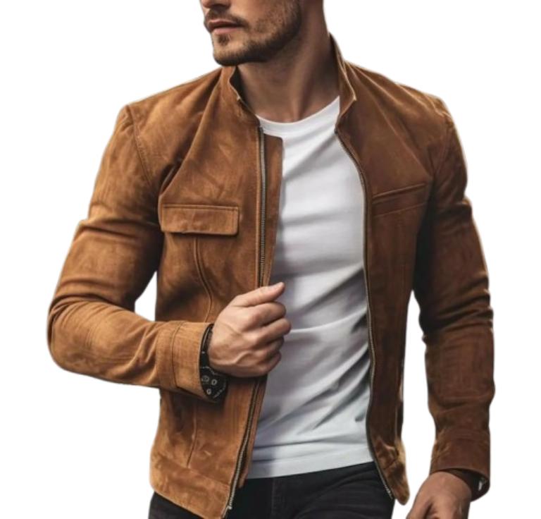Men’s Handmade Classic Tan Suede Bomber Jacket | Slim Fit Genuine Leather Outerwear | Modern Minimalist Fall Fashion