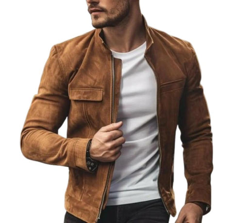 Men’s Handmade Classic Tan Suede Bomber Jacket | Slim Fit Genuine Leather Outerwear | Modern Minimalist Fall Fashion
