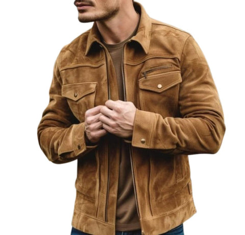 Men’s Handmade Tan Real Suede Leather Jacket | Vintage Western Style Trucker | Classic Genuine Leather Outerwear