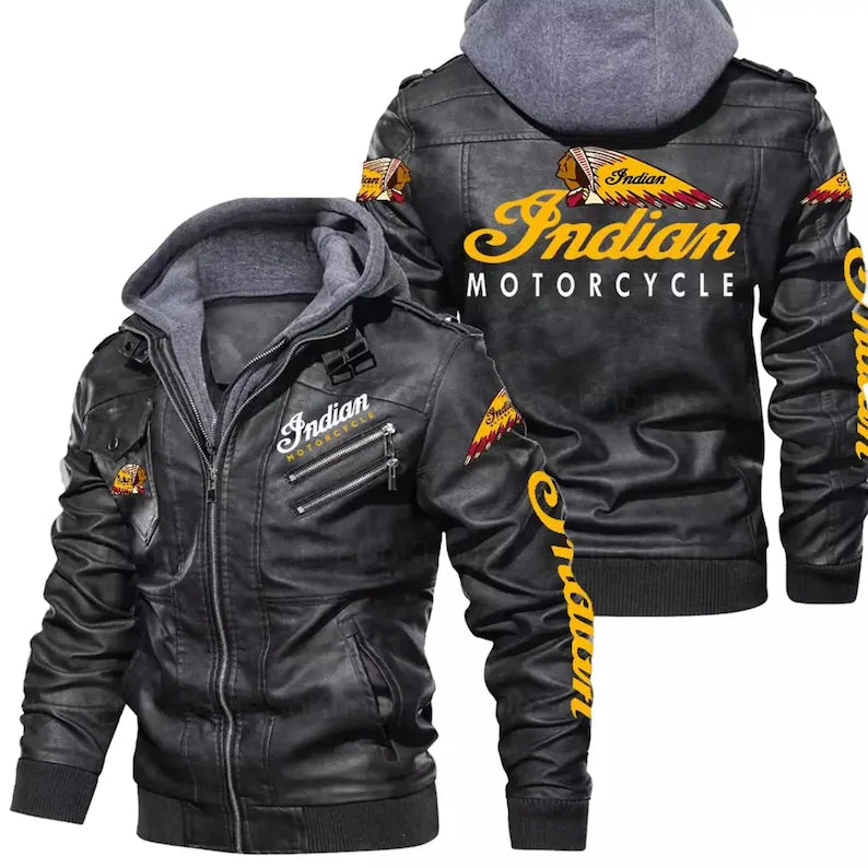 Men's Indian Motorcycle Replica Leather Jacket - Genuine Cowhide Biker Riding Coat | Detachable Hooded Yellow Script Clothing