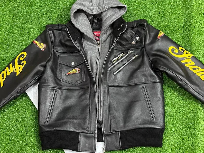 Men's Indian Motorcycle Replica Leather Jacket - Genuine Cowhide Biker Riding Coat | Detachable Hooded Yellow Script Clothing