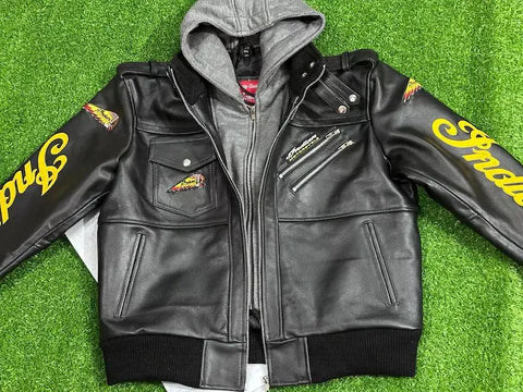 Men's Indian Motorcycle Replica Leather Jacket - Genuine Cowhide Biker Riding Coat | Detachable Hooded Yellow Script Clothing