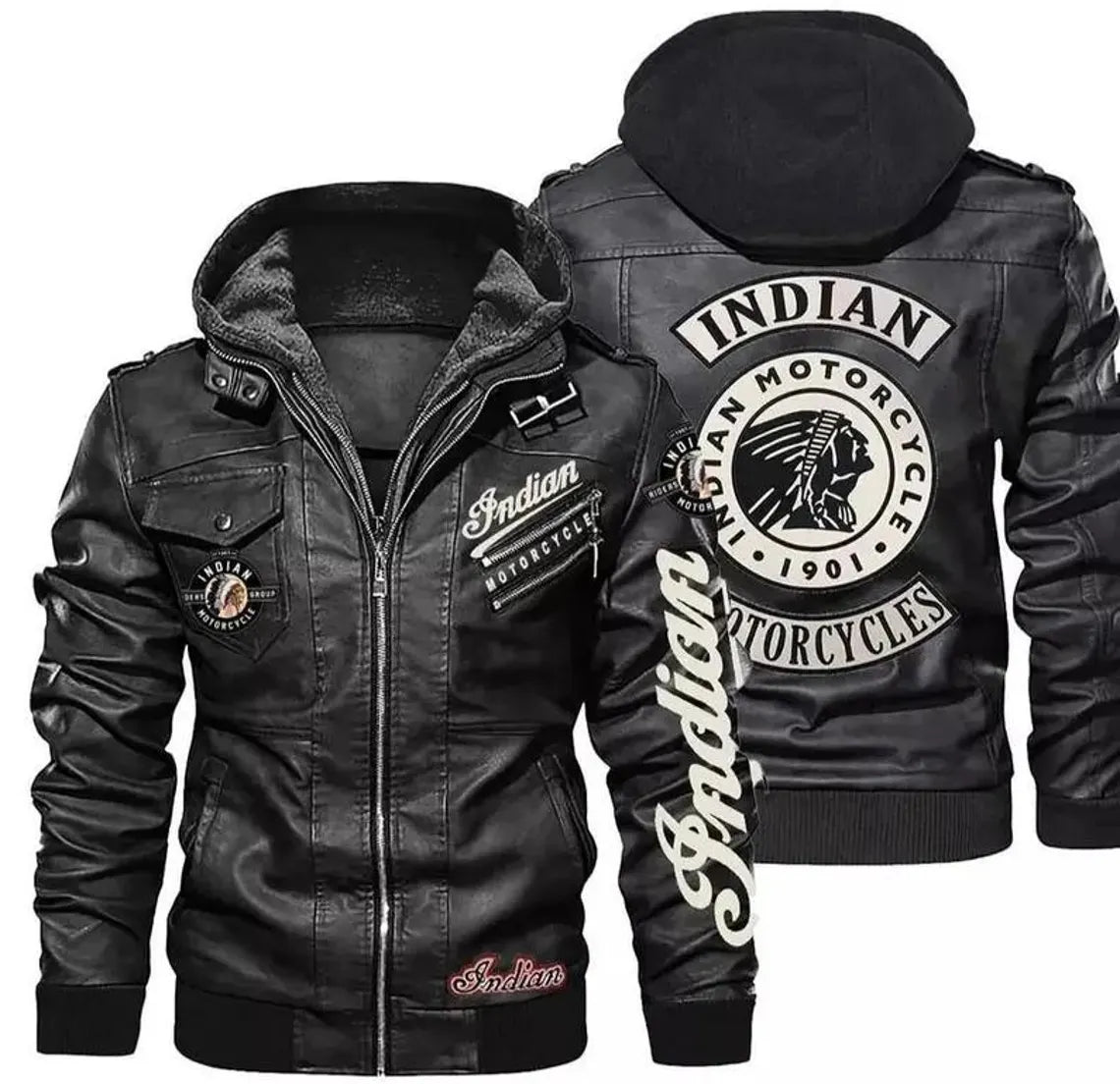 Men's Indian Motorcycle Replica Leather Jacket - Genuine Cowhide Biker Riding Coat | Removable Hooded Winter Bomber Clothing