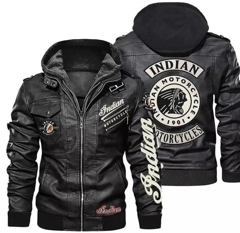 Men's Indian Motorcycle Replica Leather Jacket - Genuine Cowhide Biker Riding Coat | Removable Hooded Winter Bomber Clothing