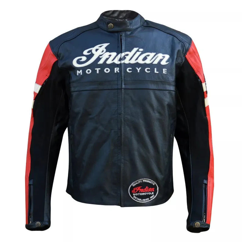 Men's Indian Motorcycle Replica Leather Jacket - Genuine Cowhide Cafe Racer Riding Coat | Bold Script Embroidered Biker Gear
