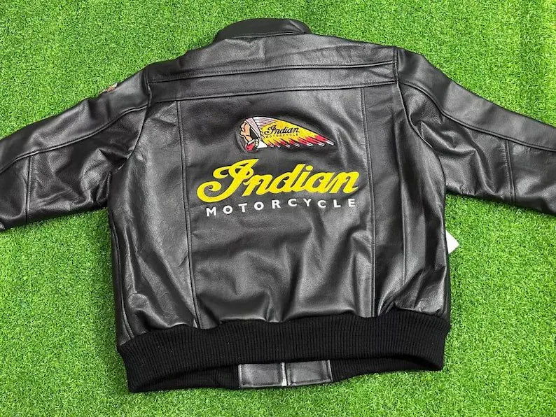 Men's Indian Motorcycle Replica Leather Jacket - Genuine Cowhide Biker Riding Coat | Detachable Hooded Yellow Script Clothing