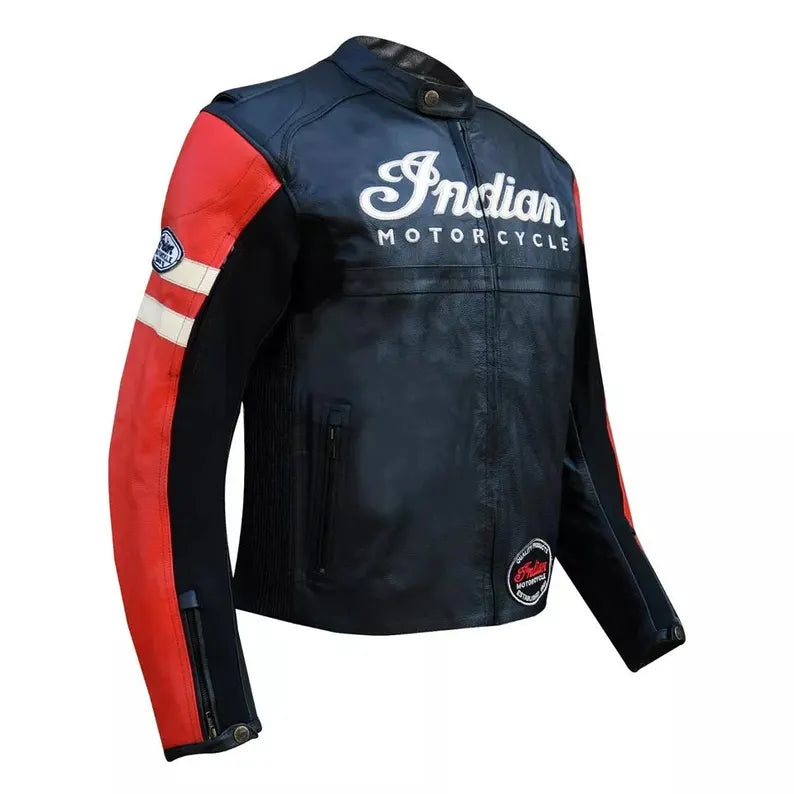 Black leather jacket with red and white accents featuring 'Indian Motorcycle' branding on a white background.
