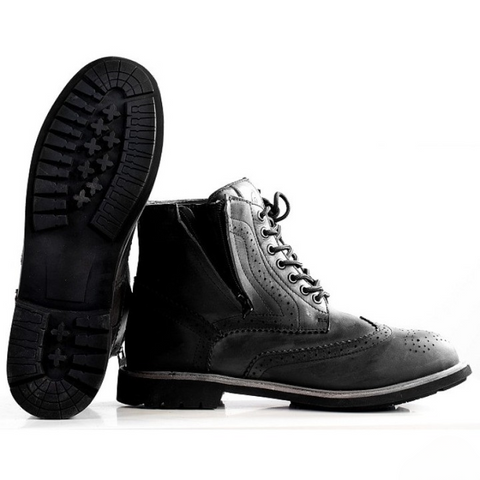 Men’s Leather Wingtip Motorcycle Boots – Waterproof Brogue Riding Boots