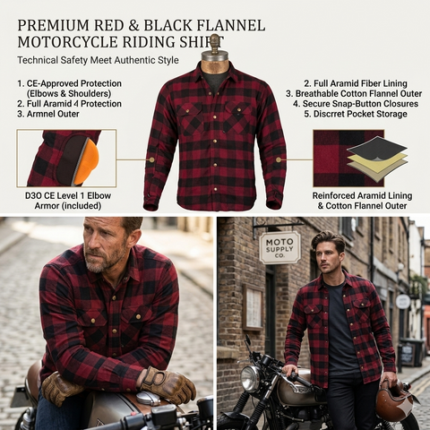 Men's Armoured Motorcycle Riding Shirt | Red Biker Flannel UK