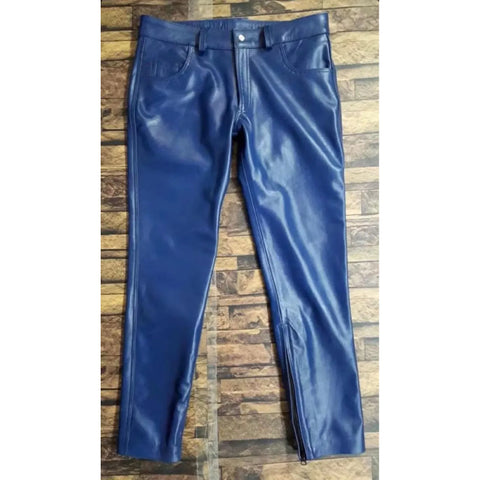 Men's Navy Blue Cowhide Leather Pants