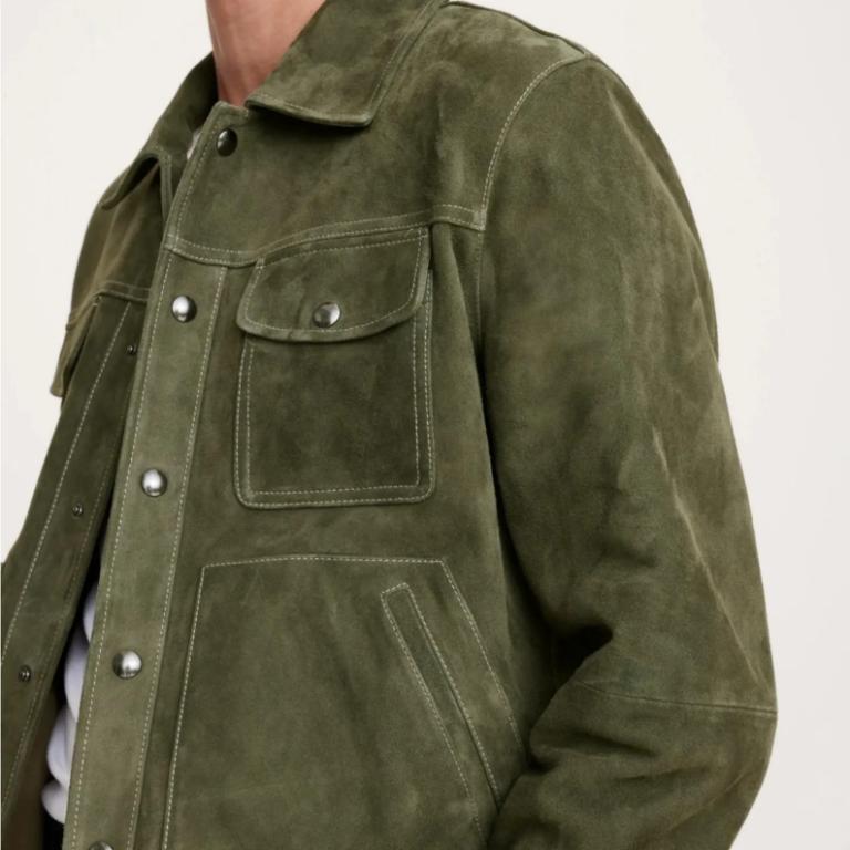 Men’s Olive Green Suede Trucker Jacket | Genuine Leather Streetwear Outerwear