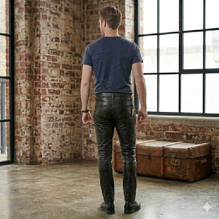 Men’s Premium Black Genuine Leather Motorcycle Trousers – Straight Leg Biker Jeans