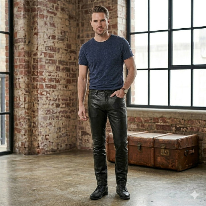 Men’s Premium Black Genuine Leather Motorcycle Trousers – Straight Leg Biker Jeans