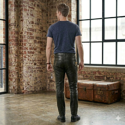Men’s Premium Black Genuine Leather Motorcycle Trousers – Straight Leg Biker Jeans
