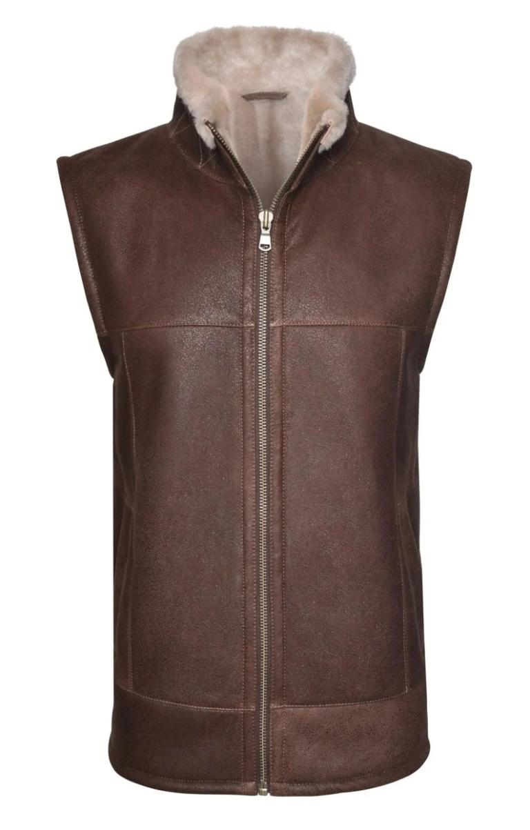 Men’s Premium Leather Shearling Gilet Vest – 100% Real Fur Luxury Waistcoat UK