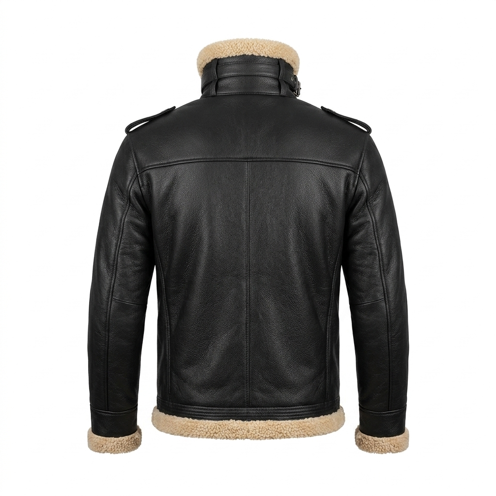 Men's Real Leather Shearling Jacket | Black Winter Biker Bomber Coat with Warm Cream Fleece Lining & Adjustable Waist Belt