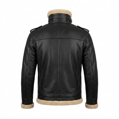 Men's Real Leather Shearling Jacket | Black Winter Biker Bomber Coat with Warm Cream Fleece Lining & Adjustable Waist Belt
