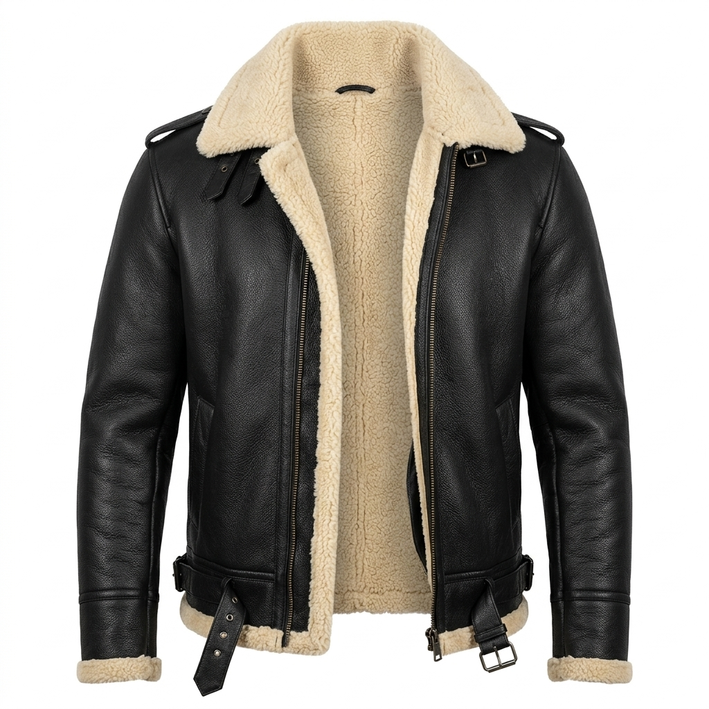 Men's Real Leather Shearling Jacket | Black Winter Biker Bomber Coat with Warm Cream Fleece Lining & Adjustable Waist Belt