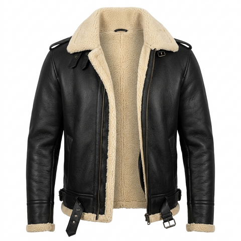 Men's Real Leather Shearling Jacket | Black Winter Biker Bomber Coat with Warm Cream Fleece Lining & Adjustable Waist Belt