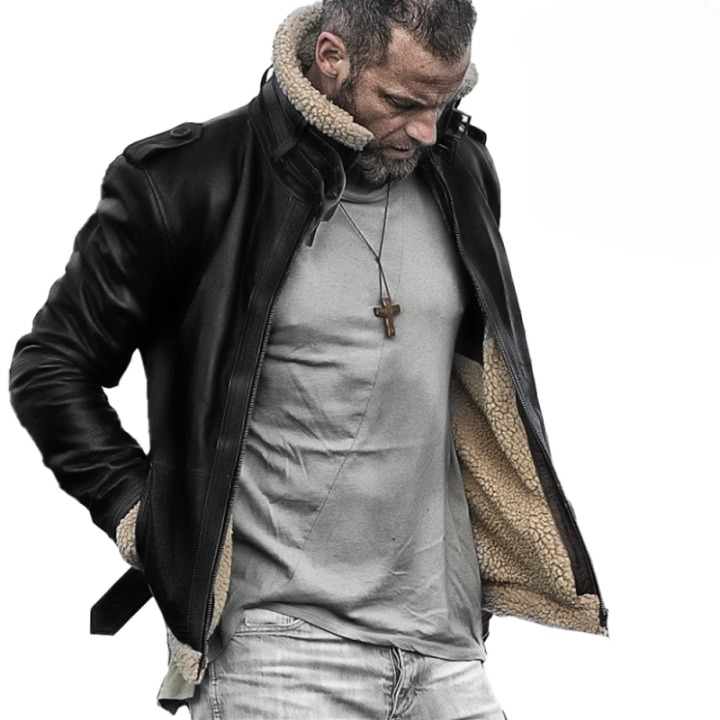 Men's Real Leather Shearling Jacket | Black Winter Biker Bomber Coat with Warm Fleece Lining 