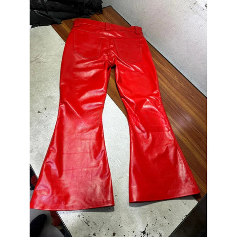 Men's Red Cowhide Leather Bell Bottom
Pants – Gothic Flare Trousers