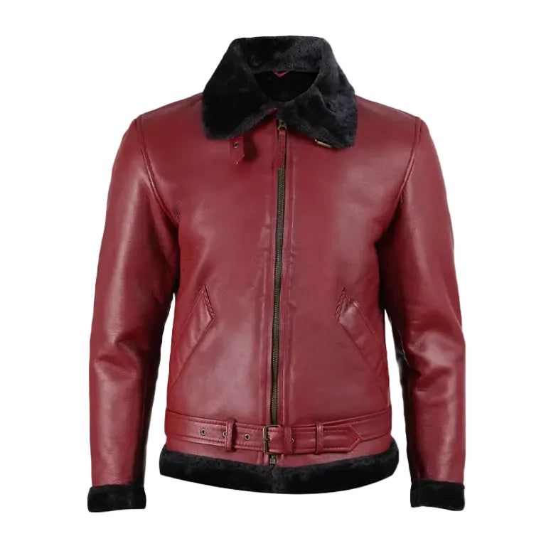 Men’s Red Leather Shearling Jacket – Fur Lined Aviator Winter Coat
