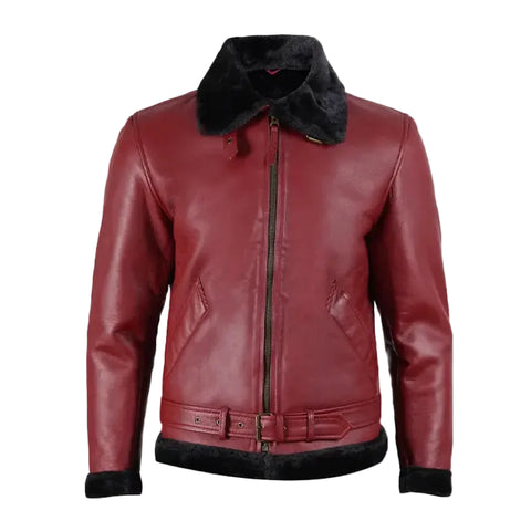 Men’s Red Leather Shearling Jacket – Fur Lined Aviator Winter Coat
