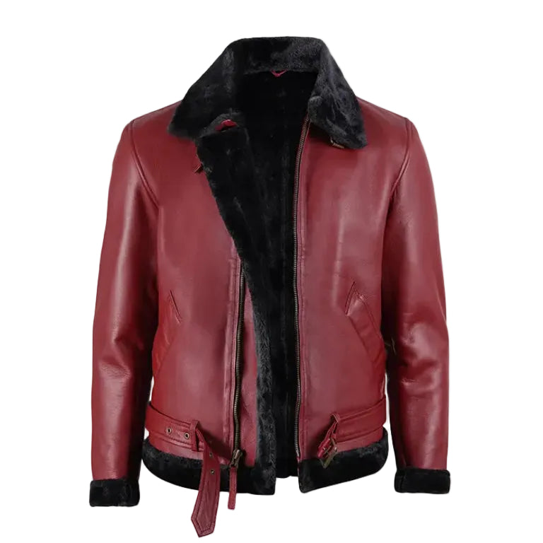 Men’s Red Leather Shearling Jacket – Luxury Fur Lined Aviator Winter Coat