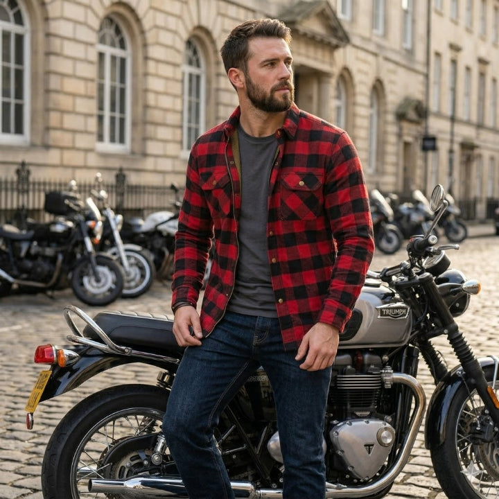 Men's Red and Black Checkered Armoured Motorcycle Shirt Kevlar Lined Riding 