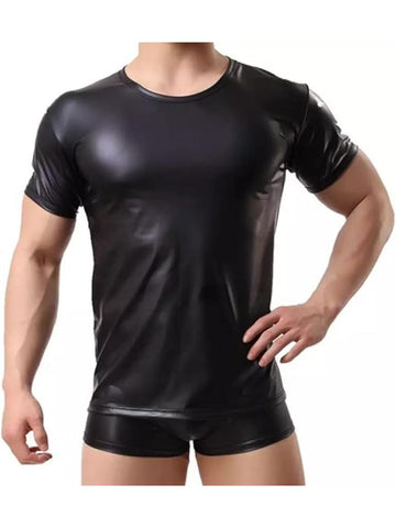 Men’s Shiny Black Leather T-Shirt – Soft Matte Short Sleeve Top Plus Size Available