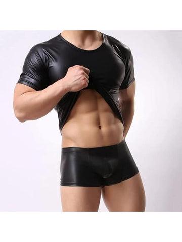 Men’s Shiny Black Leather T-Shirt | Soft Matte Short Sleeve Top Plus Size