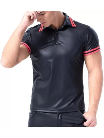 Men’s Shiny Leather T-Shirt | Short Sleeve Matte Biker Clubwear Fashion