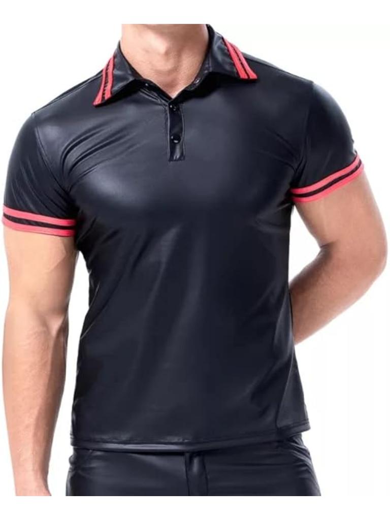 Men's Shiny Leather T-Shirt Soft Matte Short Sleeve Stylish Clubwear Biker Fashion Outfit for Men
