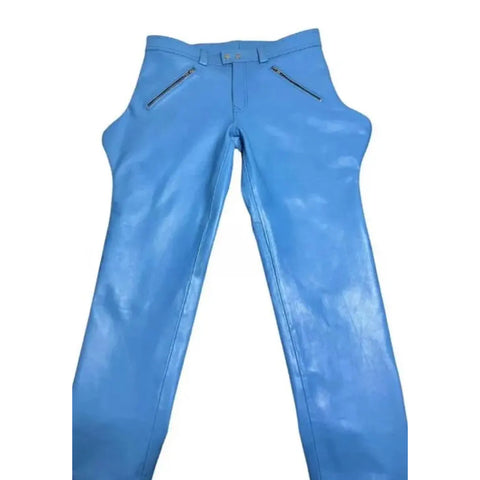 Men's Sky Blue Cowhide Leather Biker
Breeches – Genuine Uniform Pants